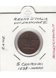 1938 5 Centesimi Impero Rame Quasi Fior di Conio Vittorio Emanuele III